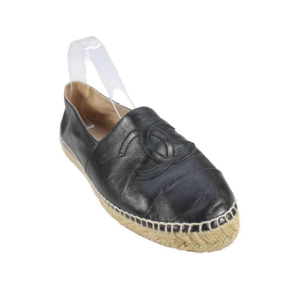 Chanel Womens Leather Logo Cap Toe Espadrille Flats Black Size 42 12